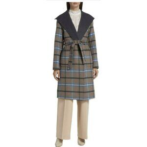 Elie Tahari $475 Plaid Wool Silk Belted Wrap Coat Size Medium NWT